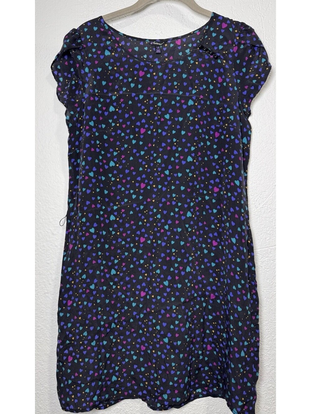 Heritage 1981 Black Silk Mini Dress Heart Print Tunic Cap Sleeve Size Large